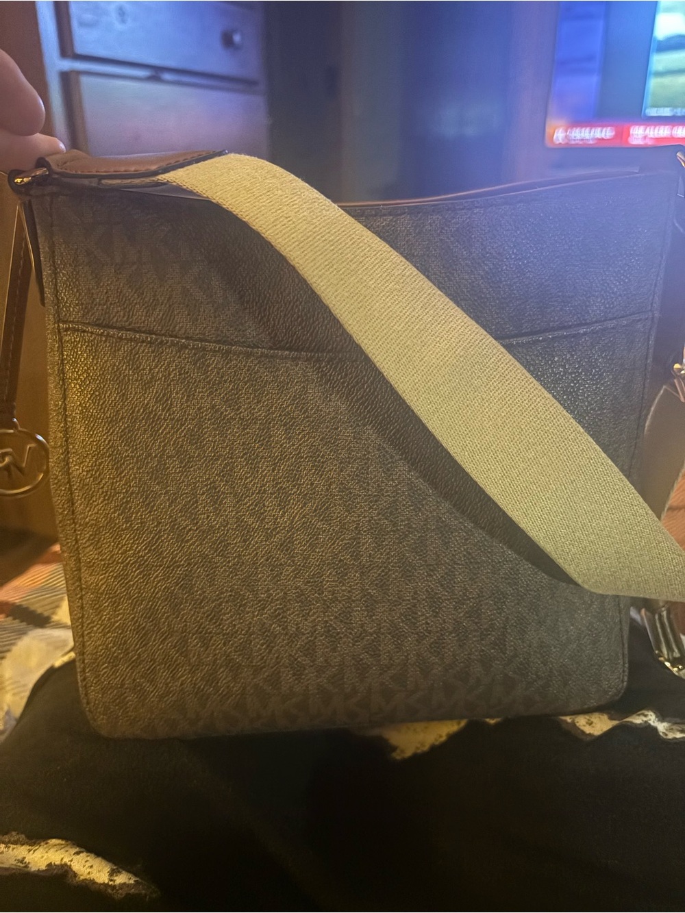 Michael Kors Brown Logo Messenger Bag with Cream Strap